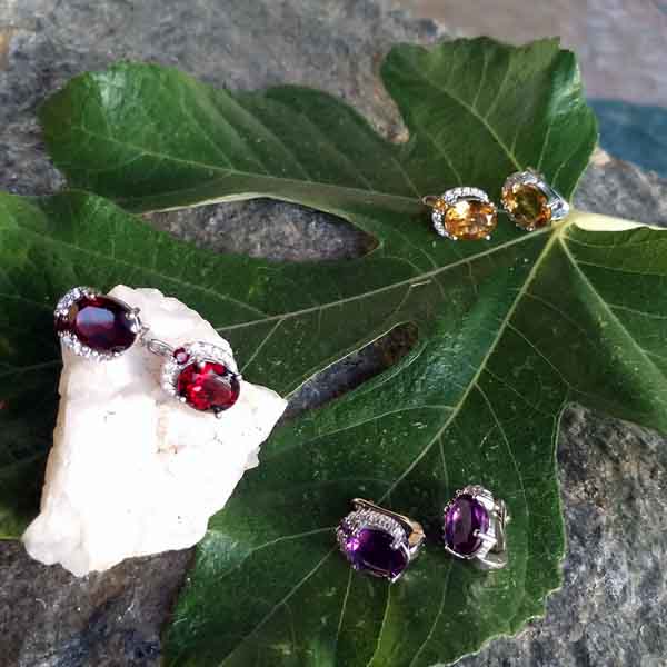 Pendientes citrino,amatista y granate - Tienda Budista